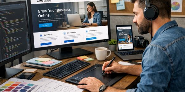 Designer working on graphics across multiple screens