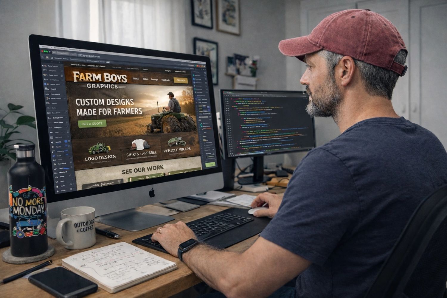 Graphic design workspace with multiple monitors